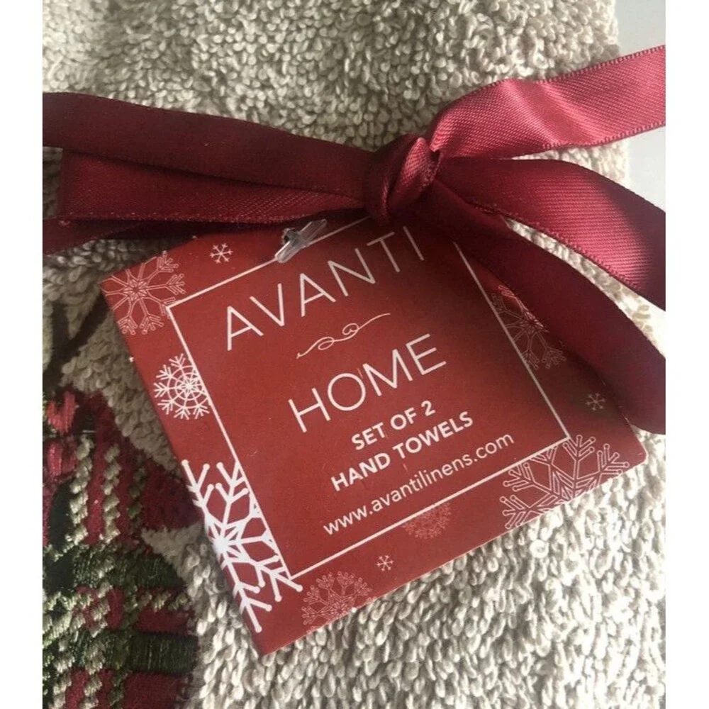 Avanti Christmas Plaid Reindeer Hand Towels Embroidered Bathroom Beige Set of 2